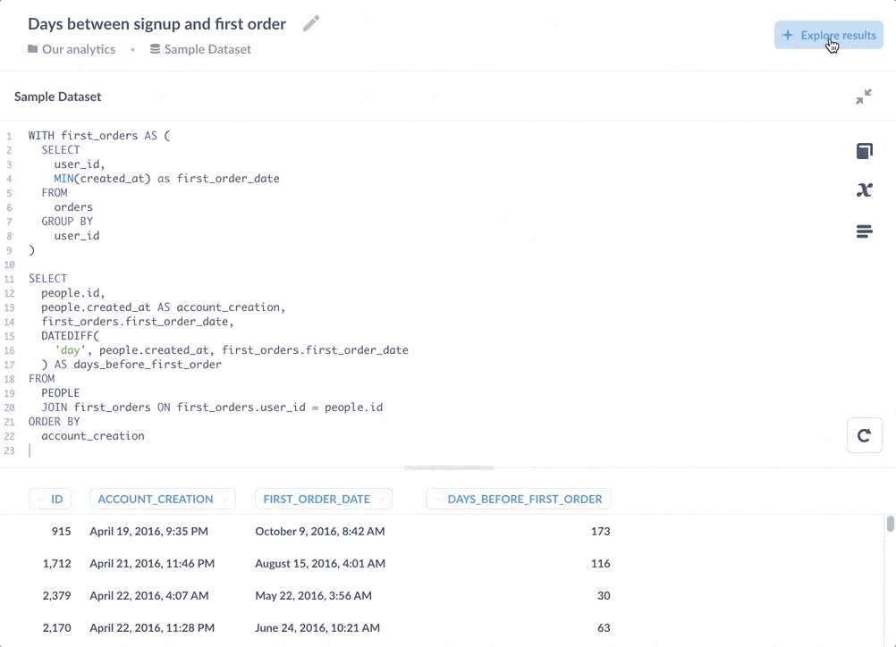 Explore results of a saved question