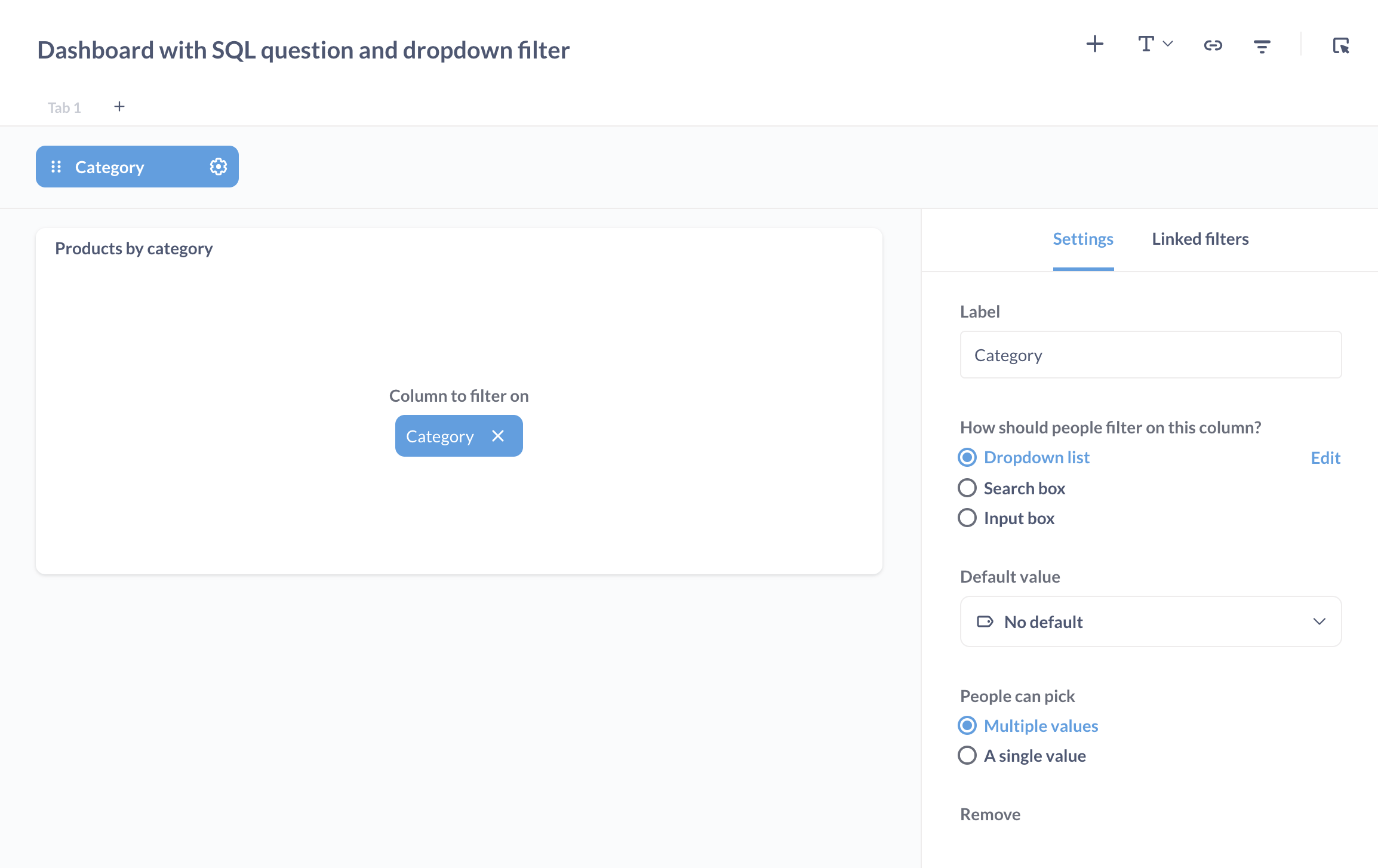 Setting up a dropdown dashboard filter connected to a field filter variable in a SQL question.