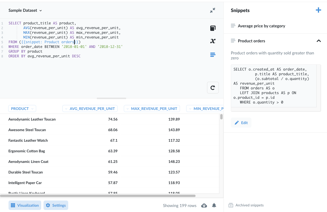 Storing a subquery in a snippet and using it in a FROM clause.