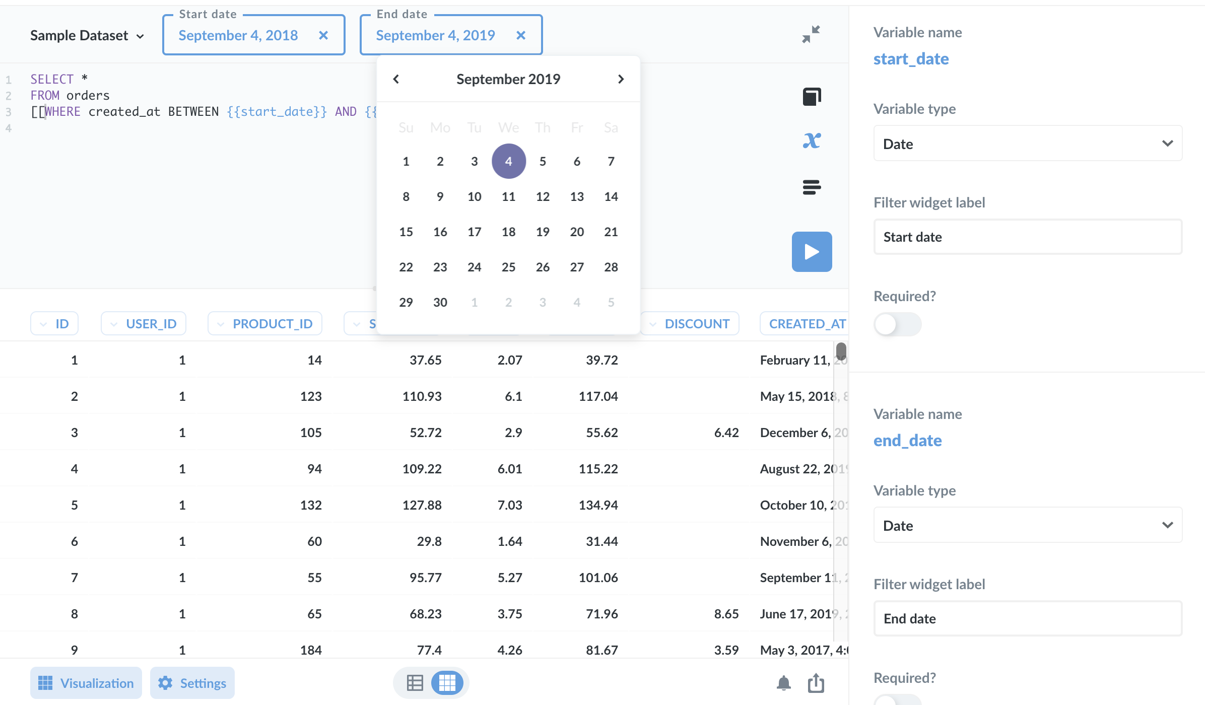 Basic date widgets, with simple date pickers connected to the start_date and end_date variables in the optional WHERE clause.