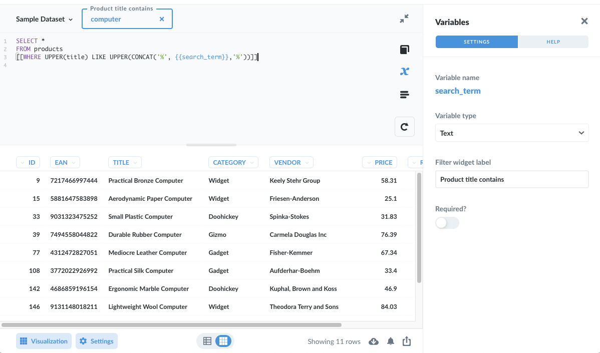 A basic text filter widget, filtering for titles that contain the word