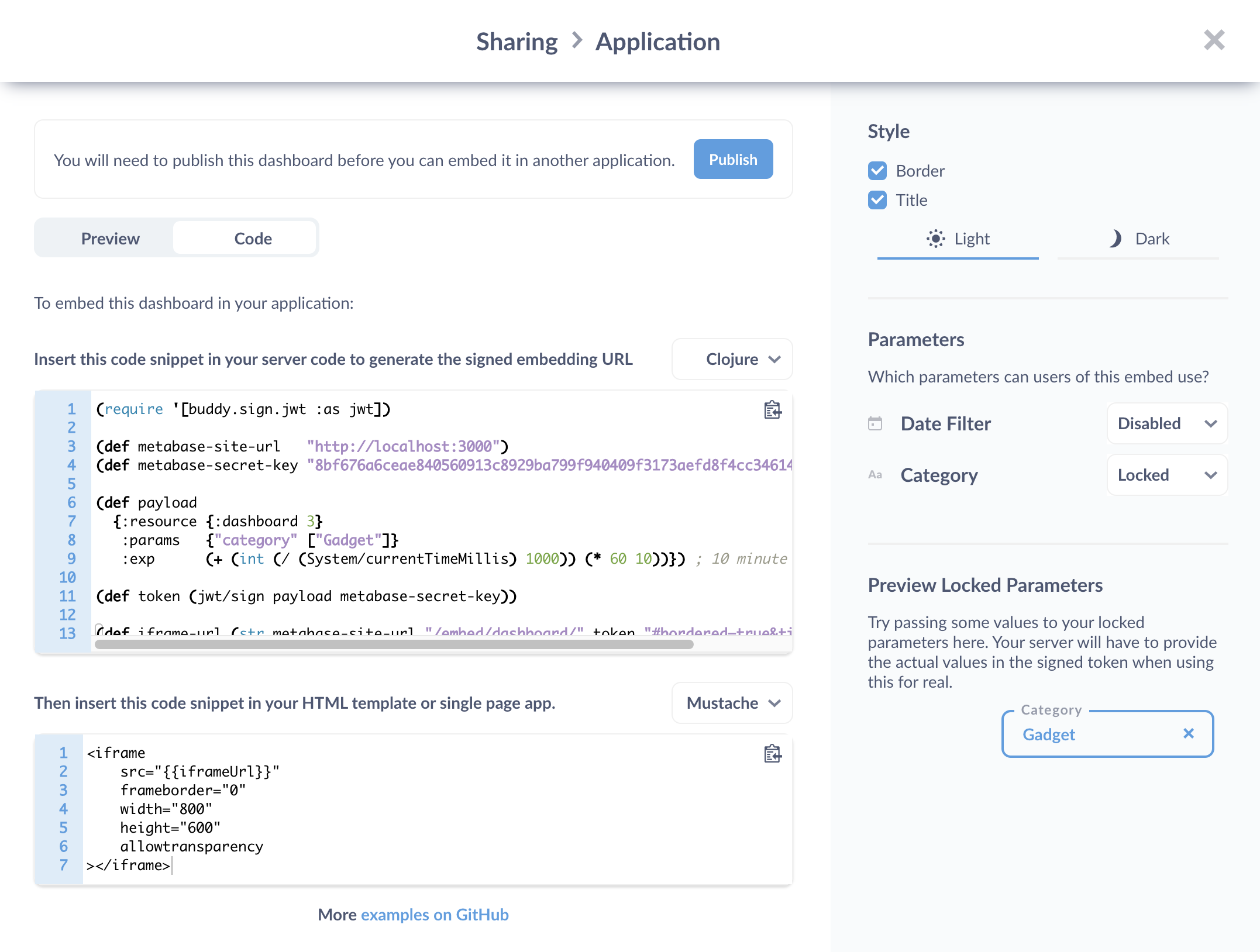 Metabase will supply the code you