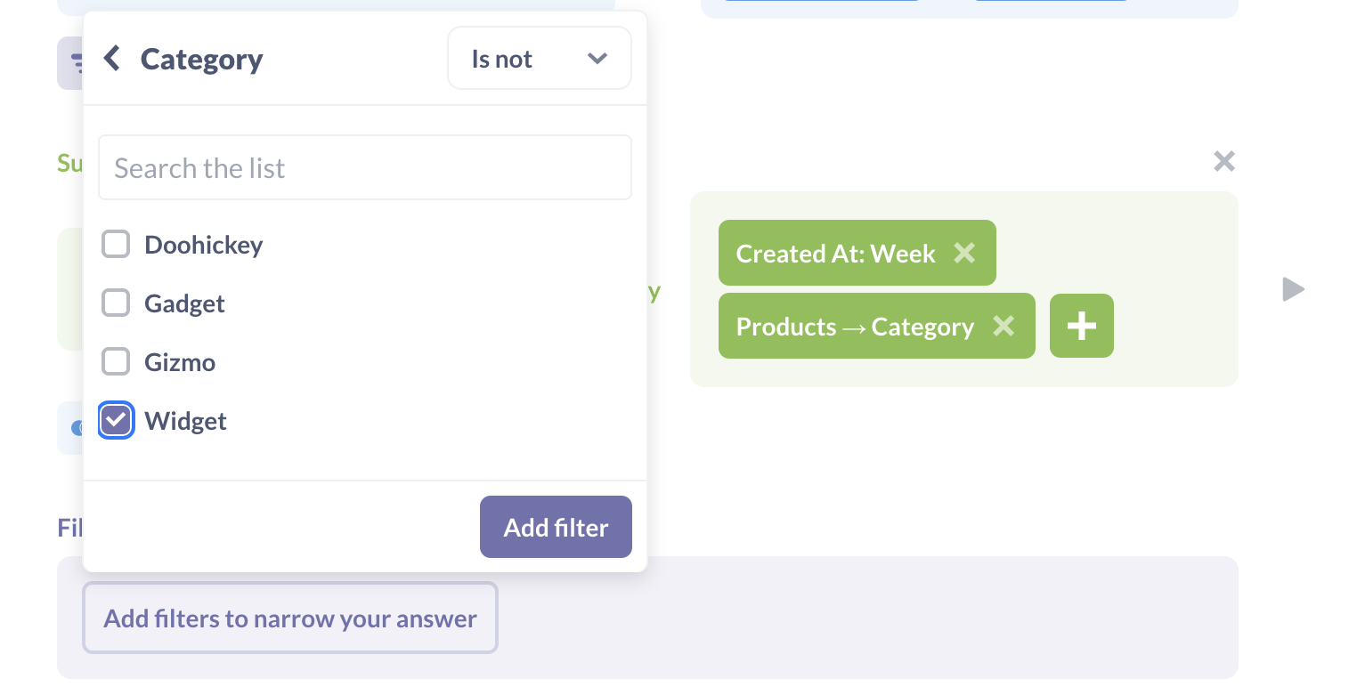 Defining a filter to remove one category from the summary data.