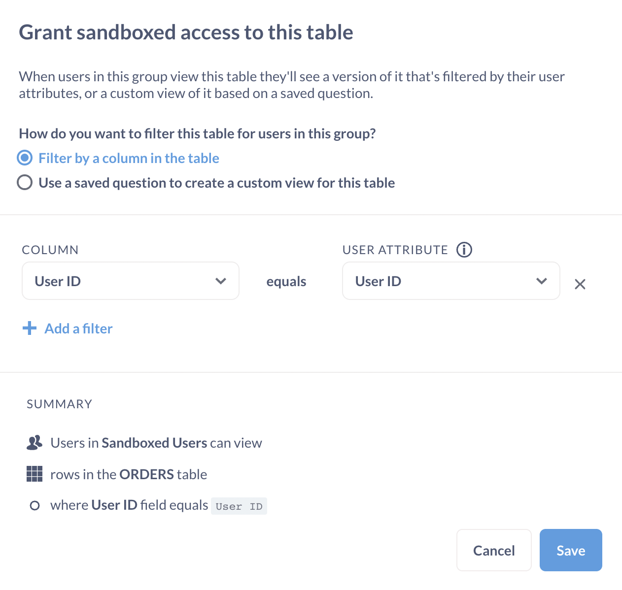 Sandboxing the Orders table by filtering the orders by the User ID column. Users will only see orders that correspond to their user_id attribute.