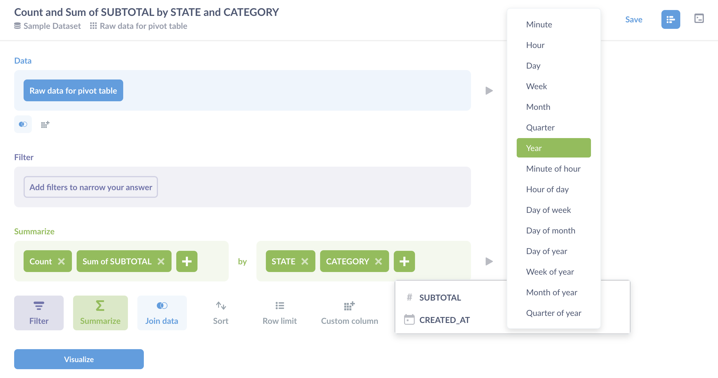 The Query Builder summarizing data from a saved question.