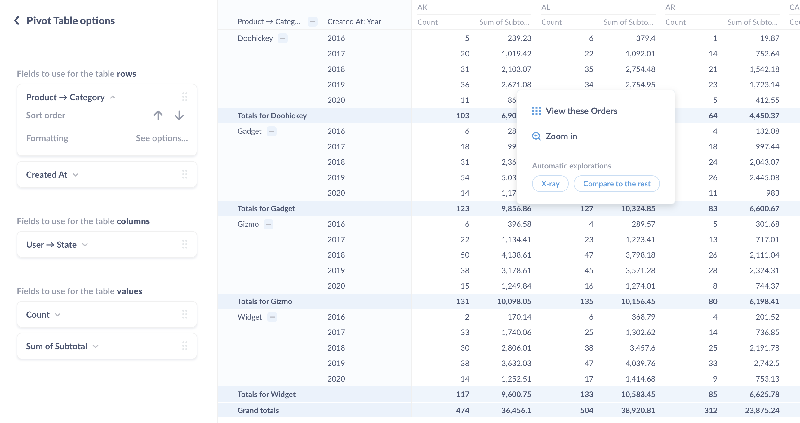 Sorting and formatting options, as well as the action menu.