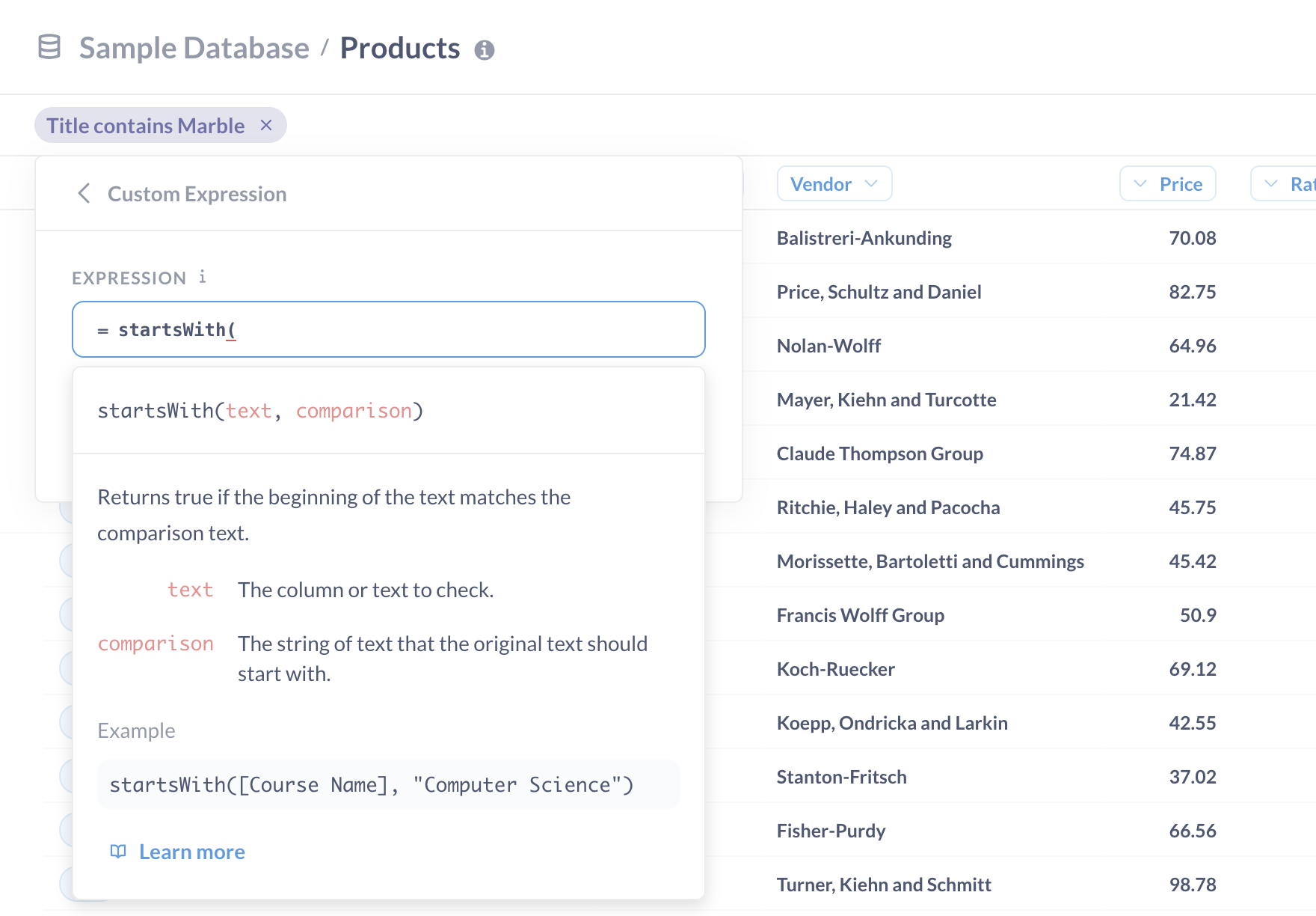 The Custom Expression sidebar is open and an expression beginning with `contains()` is visible.