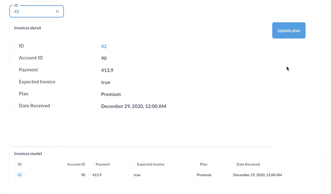 Example dashboard with an action button that updates a record in a database.